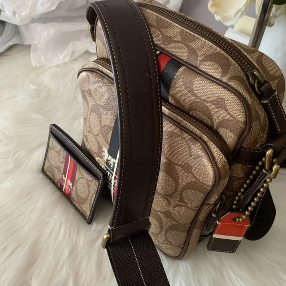 Vintage Coach Tan Messenger Bag with Red and Black Stripes
